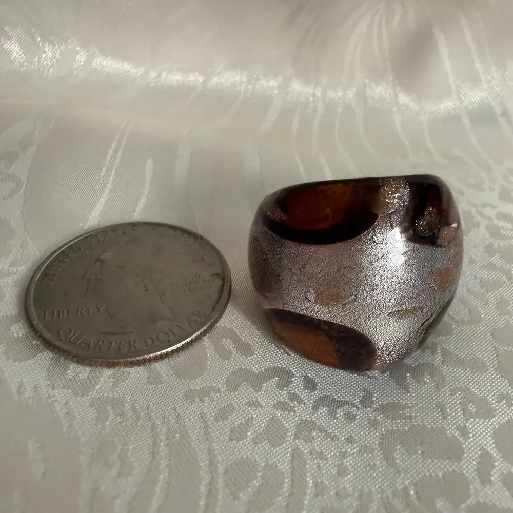 Artisan Lampwork Style Art Glass Dome Ring Sz 6.25 Luminous Brown Silver Copper